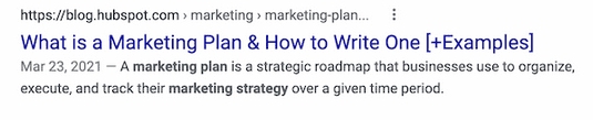 Contoh tag judul: HubSpot, “Apa itu Rencana Pemasaran & Cara Menulisnya [+Examples]