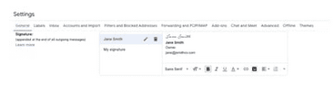 Cuplikan layar setelan tanda tangan email Gmail. 