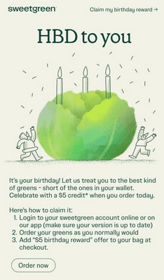 Email selamat ulang tahun Sweetgreen