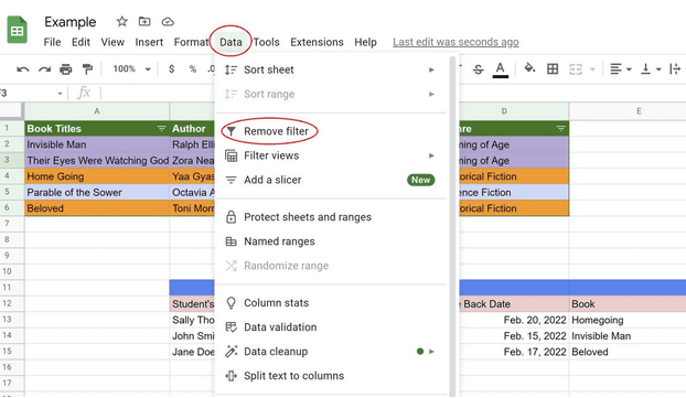 Tab data dipilih diikuti oleh opsi Hapus filter untuk menghapus filter di Google Spreadsheet
